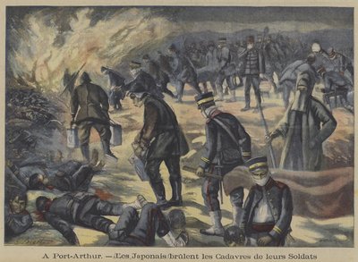 Soldats japonais brûlant les corps de leurs camarades morts au siège de Port Arthur, guerre russo-japonaise - French School