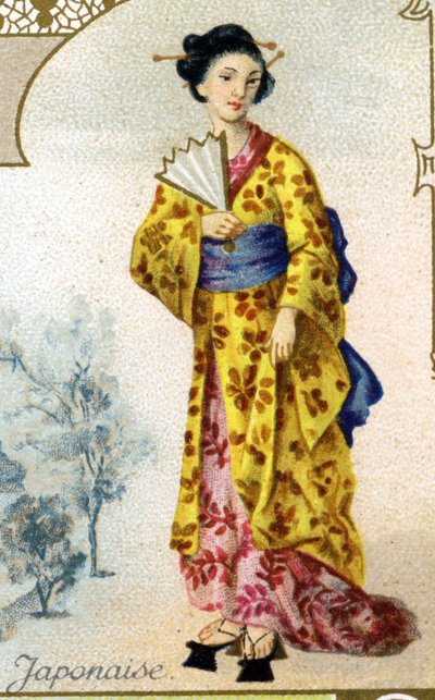 Femme japonaise. Édition la lithographie parisienne, fin du 19e siècle. Série de 25 chromos publicitaires pour la manufacture de Biscuits Pernot de Dijon, créée en 1869. Détail des personnages en costume traditionnel - French School