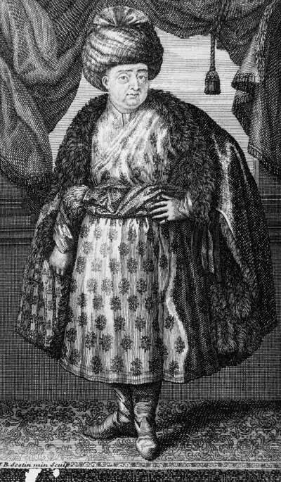 Jean-Baptiste Tavernier, gravure réalisée par J.B. Scotin, frontispice de Les Six Voyages de Jean-Baptiste Tavernier par Jean-Baptiste Tavernier, publié en 1713 - French School
