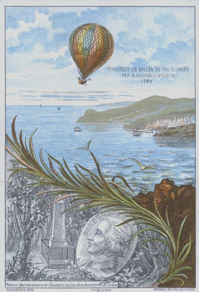 Jean-Pierre Blanchard et John Jeffries effectuant le premier vol en ballon à travers la Manche, 7 janvier 1785 - French School
