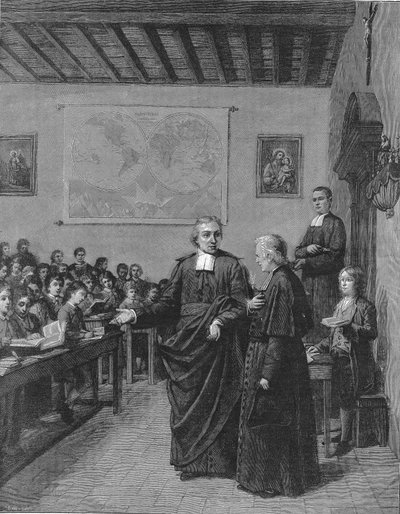 Jean Baptiste De La Salle (Jean-Baptiste) 1651-1719 religieux français, fondateur de la congrégation des frères des Écoles chrétiennes, montrant une de ses écoles à M. de La Chétardie. Gravure de la fin du XIXe siècle. - French School