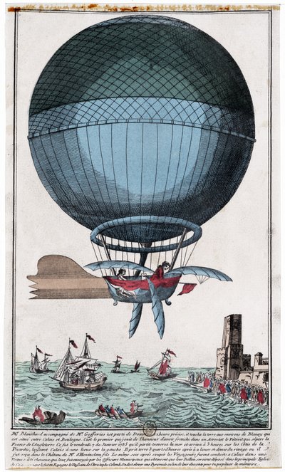 Jean Pierre Blanchard (1753 - 1809) et John Jefferies (1745 - 1819) arrivant à Calais après avoir traversé la Manche en montgolfière le 7 janvier - French School