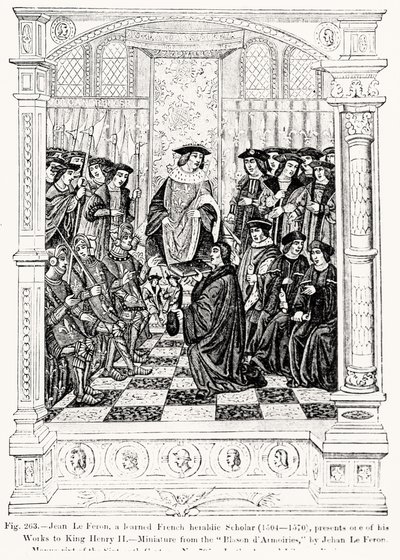 Jean le Feron (1504-70) présente une de ses œuvres au roi Henri II (1519-89) du Blason d