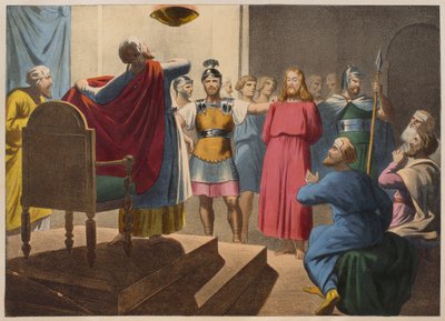 Jésus-Christ devant Caïphe, illustration du catéchisme L