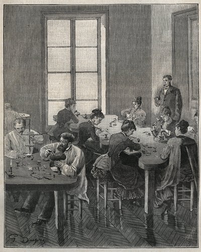 Atelier de bijouterie à Paris au XIXe siècle. Gravure de 1885 dans « Les arts et métiers illustrés » par Adolphe Bitard. - French School
