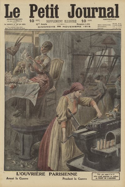 Travaux effectués par les ouvrières parisiennes avant et pendant la Première Guerre mondiale (lithographie couleur) - French School