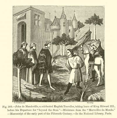 Jean de Mandeville, célèbre voyageur anglais, prenant congé du roi Édouard III avant son départ pour "au-delà des mers" - French School