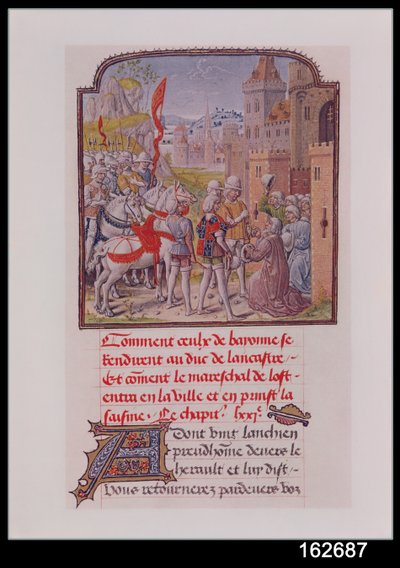 Jean de Gand reçu par les citoyens de Bayonne aux portes de la ville, extrait de la Chronique de Froissart, fin du XVe siècle - French School