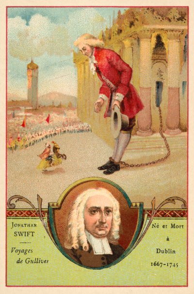 Jonathan Swift, auteur irlandais, et une scène de son roman Les Voyages de Gulliver - French School