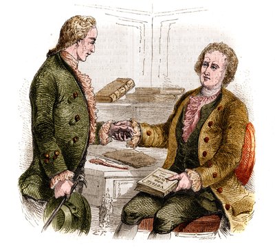 Joseph de Maistre (1753-1821), homme politique, écrivain et philosophe français, et le comte Xavier de Maistre (1763-1852), officier et écrivain français avec le premier exemplaire de "Voyage autour de ma chambre". Dessin de forêt. Gravure de 1852. - French School