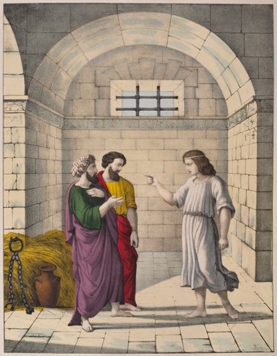 Joseph en prison expliquant les rêves du chef boulanger et du chef échanson, illustration du catéchisme L