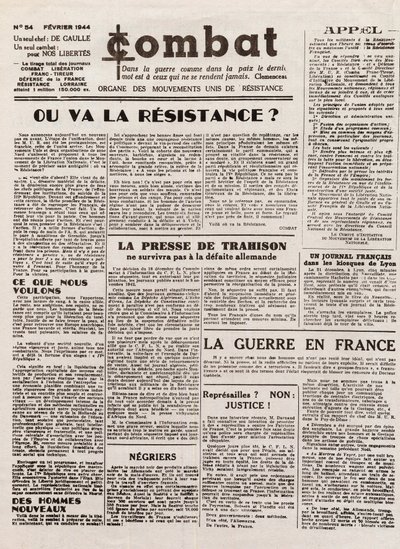 Journal COMBAT - numéro 54 - février 1944 - organe des mouvements unis de résistance. (journal clandestin) - Où ira la résistance - French School