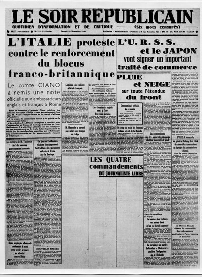 Journalisme. Censure de la presse pendant la guerre : colonnes blanches pour l