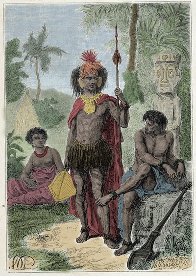 Voyage du capitaine James Cook (1728-1779) : indigènes des îles Marquises - illustration tirée de « Les grands marins du 18ème siècle » - French School