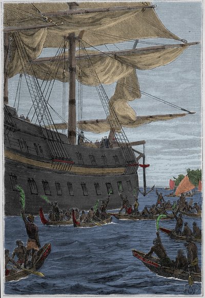 Voyage de Samuel Wallis (1728-1795) en Polynésie : indigènes tenant des branches de bananier à la main en guise de salut de bienvenue - illustration tirée de « Les grands marins du 18ème siècle » - French School