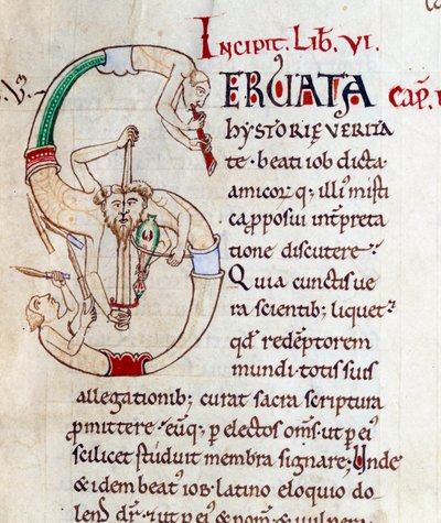 Jongleurs et musiciens - lettrine S (initiale). Miniature du manuscrit « Moralia in Job », Morales sur Job par Saint Grégoire, de l