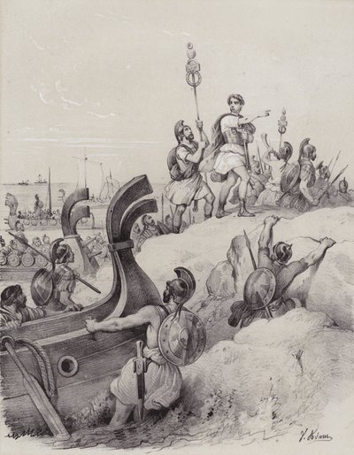 Jules César et les Romains débarquant dans le Kent lors de leur première invasion de la Grande-Bretagne, 55 av. J.-C. - French School