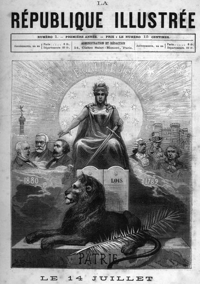 14 juillet : Allégorie de la République Française. Une femme couronnée de lauriers et tenant une épée. À ses pieds, un lion, une palme et la table des lois. Au-dessus, la devise de la République « Liberté, Égalité, Fraternité ». Sur les côtés, des intellec - French School