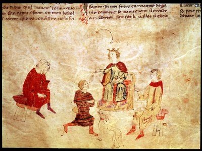 Le roi Arthur sur son trône entouré de ses conseillers, du Roman de Meliadus - French School