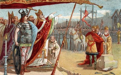 Le roi Dagobert Ier (605-639), roi mérovingien des Francs, de 629 à 634 pose la première pierre de la basilique de Saint-Denis en présence de Saint Éloi. Chromolithographie de la fin du 19ème siècle. - French School