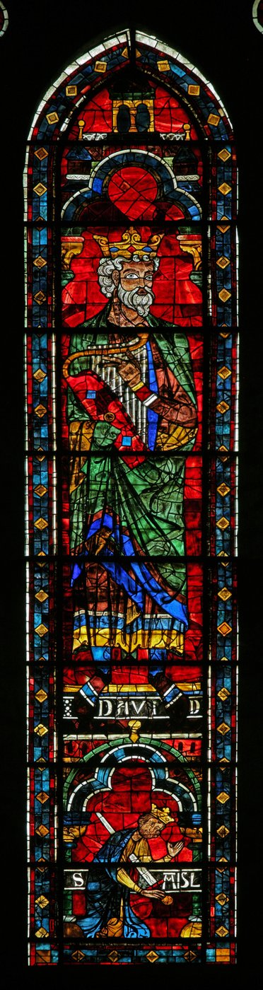 Le roi David avec une harpe; le roi Saül se suicide en dessous - French School