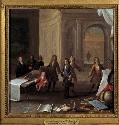 Le roi Louis XV (1710-1774) enfant recevant une leçon en présence du cardinal Fleury et du régent Philippe II duc d