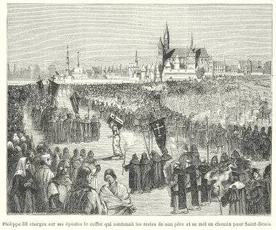 Le roi Philippe III de France portant les os de son père, Louis IX, à son enterrement dans la basilique de Saint-Denis, Paris - French School