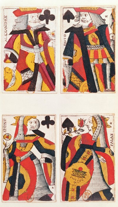 Roi et Reine jouant aux cartes (gravure sur bois en couleur) - French School