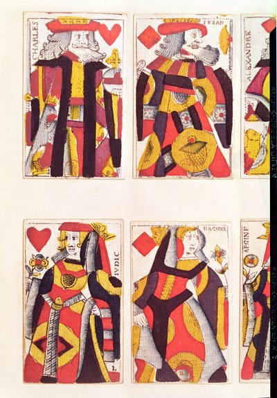 Roi et Reine jouant aux cartes (gravure sur bois en couleur) - French School