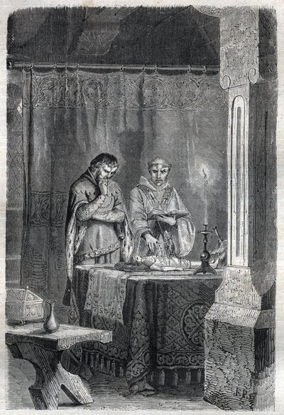 Le roi de France Charles V le Sage (1338 - 1380) consulte les devins. Gravure dans « Histoire des Papes (...) Crimes des Reines, Rois et Empereurs à travers les siècles » par Maurice Lachatre - French School