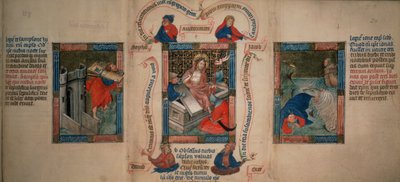 La Résurrection, Samson brisant les portes de Gaza, Jonas échappant de la baleine, de la Biblia Pauperum, début du 15ème siècle - French School