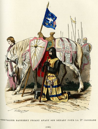 Chevalier banneret (titre nobiliaire donnant le droit de porter une bannière) priant avant son départ pour la deuxième croisade (1147-1149). Gravure en couleur, dans « France et les Français à travers les siècles » par Augustin Challamel, éditeur F.Roy, Pa - French School