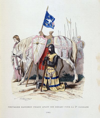 Chevalier banneret priant avant son départ pour la 2ème croisade - gravure - French School