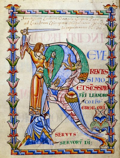 Chevalier combattant le dragon - lettrine R (initiale), Miniature du manuscrit « Moralia in Job », Morales sur Job par Saint Grégoire, de l