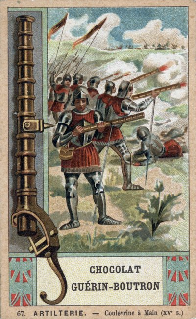 Chevalier manœuvrant une couleuvrine à main du 15ème siècle. Chromolithographie du 19ème siècle des chocolats Guérin-Boutron - French School
