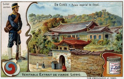 Corée : Palais impérial de Séoul et costume de soldat - chromo Liébig, v.1900 - French School