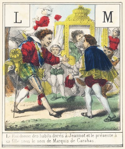 Le roi donne à Jeannot des habits dorés et le présente à sa fille sous le nom de Marquis de Carabas - French School