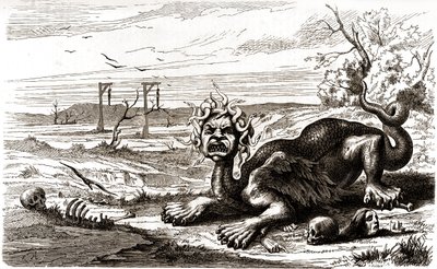 La Fronde (1648-1653) : animal monstrueux aux poils de serpent qui se tient au-dessus des cadavres et des squelettes humains. - French School