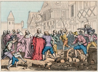 La Fronde (27 août 1648) - barricades à Paris : un garçon roturier menaçant le Président du Parlement, Mathieu Molé (1584-1656) - Président Molé malmené par les insurgés - Gravure de la fin du XIXe siècle dans « Nos Gloires Nationales - Images et récits » - French School