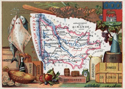 La Gironde (33), Aquitaine, France. Spécialité locale : poisson, anisette, vin de Bordeaux, prunes, bougies, cigares, bouchons et nourriture coloniale. Série sur les départements français. Chromolithographie « le fil géographique », vers 1920. Collection p - French School