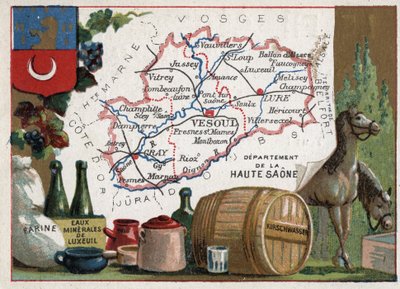 La Haute-Saône (70), Franche-Comté, France. Farine, eaux minérales de Luxeuil, kirsch. Série sur les départements français. Chromolithographie « le fil géographique », vers 1920. Collection privée. - French School