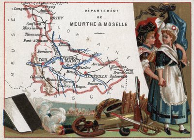 La Meurthe-et-Moselle (54), Lorraine, France. Portrait de deux femmes révolutionnaires. Série sur les départements français. Chromolithographie « le fil géographique », vers 1920. Collection privée. - French School