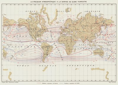 La pression atmosphérique à la surface du globe terrestre (lithographie en couleur) - French School