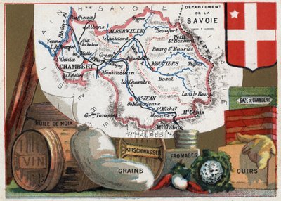 La Savoie (73), Rhône-Alpes, France. Série sur les départements français. Spécialité locale : huile de noix, vin, grains, kirsch, fromage, gaze de Chambéry et cuir. Chromolithographie « le fil géographique », vers 1920. Collection privée - French School