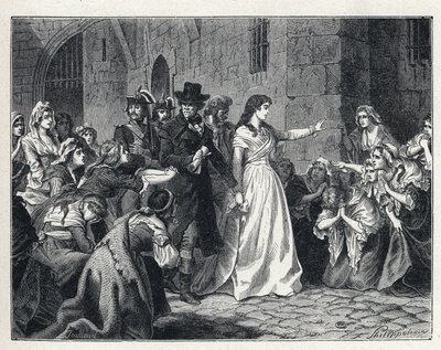 La Terreur pendant la Révolution française : Madame Jeanne Marie Roland de la Platière (1754-1793) quittant la prison de la Conciergerie pour se rendre devant le Tribunal révolutionnaire en 1793. Ses codétenues s