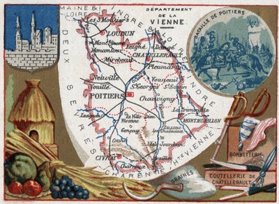 La Vienne (86), Poitou-Charentes, France. Graines, coutellerie et bonneterie de Châtellerault. Série sur les départements français. Chromolithographie « le fil géographique », vers 1920. Collection privée. - French School