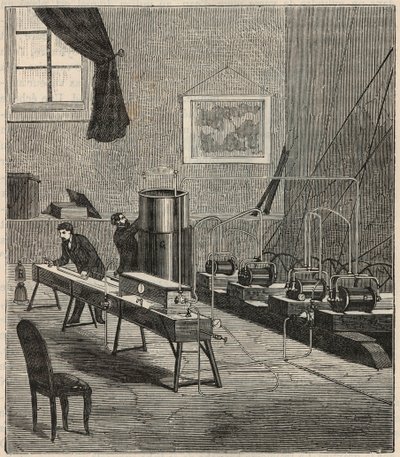 La liquéfaction des gaz dans le laboratoire de Raoul Pictet (1878) - Raoul Pierre Pictet (1846-1929) physicien suisse, mène une expérience pour liquéfier et solidifier le gaz hydrogène, et étudie les propriétés des substances à basse température - Gravure  - French School