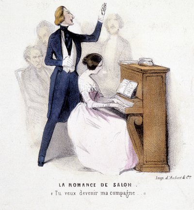 La romance de salon: homme chantant accompagné au piano par une femme, par Lonsay, vers 1845. - French School
