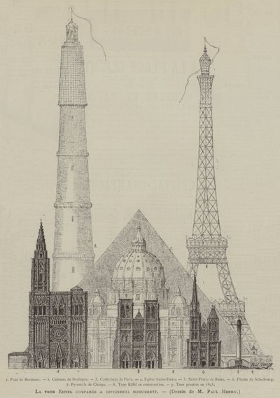 La tour Eiffel comparée à différents monuments (gravure) - French School