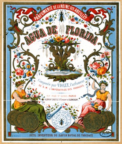 Étiquette publicitaire pour le parfum Aqua de Florida de la parfumerie La Reine des Abeilles, Paris, 2e moitié du XIXe siècle - French School